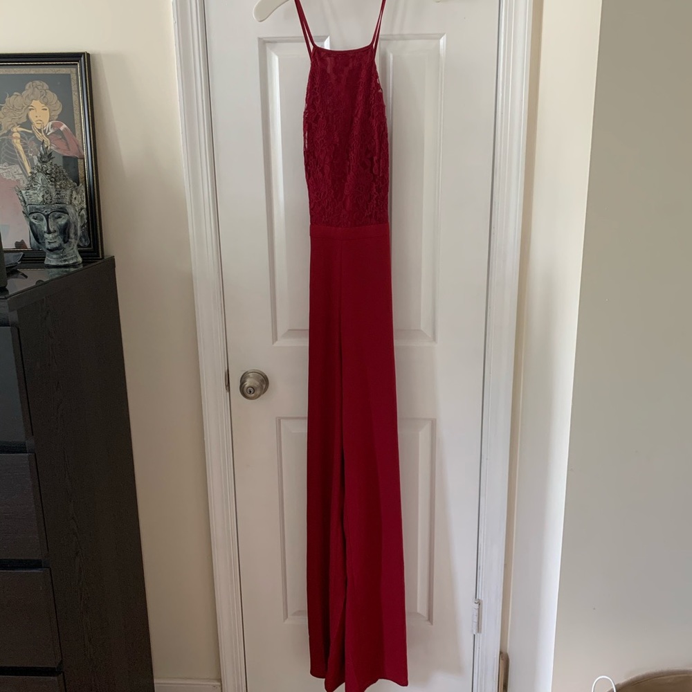 Lulus cross back lace jumpsuit burgundy brand new
